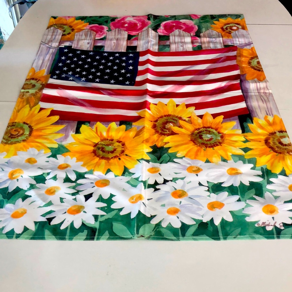 Large patriotic and floral designed decorative flag